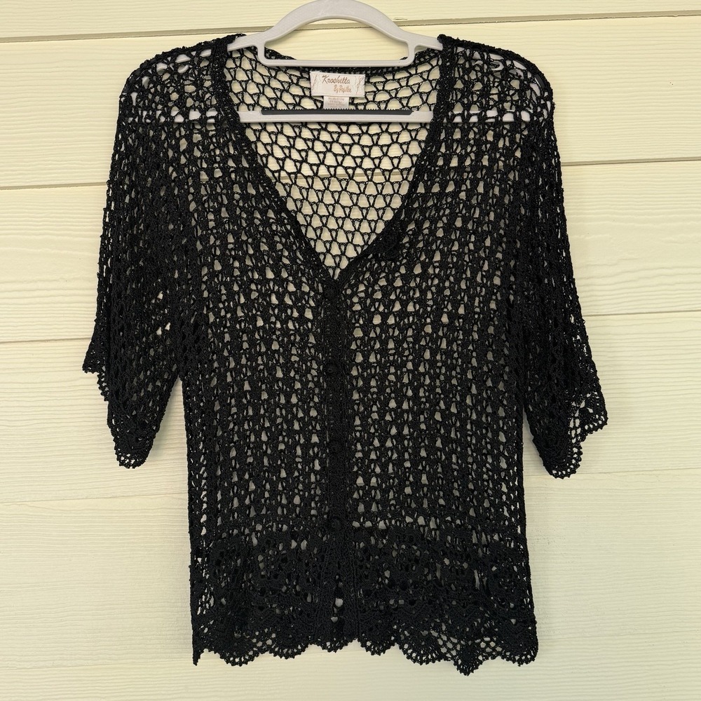Vtg Crochet Cardigan Sweater Small Black Short Sleeve Top Open Knit Whimsigoth